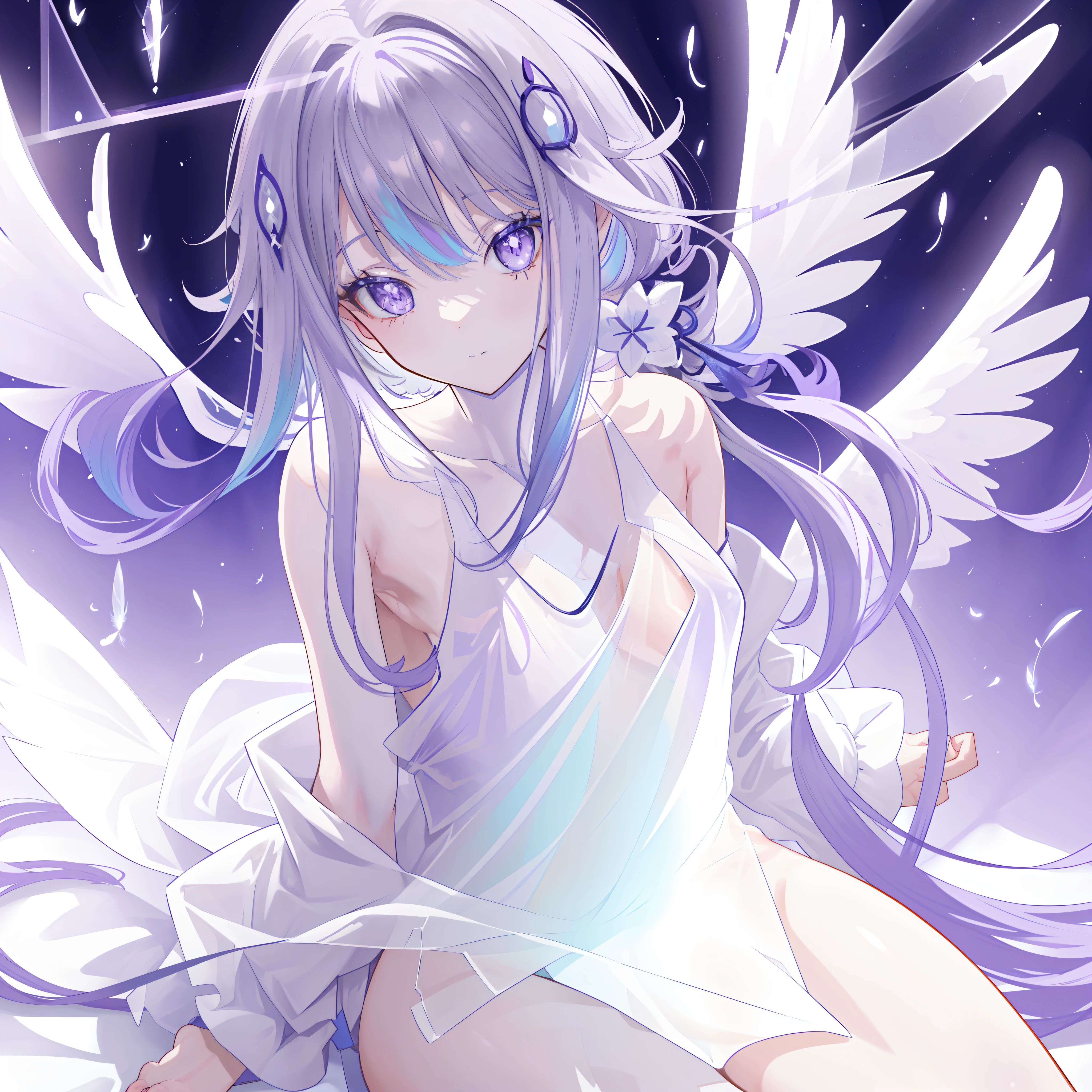 (((A close up view: 1.4))) of an anime girl, sitting on the floor, (((half naked))), cinematic light, slim body with curves, skin is perfectly white, soft, and smooth, ((no nsfw)), Extremely delicate and beautiful CG illustration, best quality, high resolution, dynamic angle, full-length lens, (1 girl), floating, soft light, high-key lighting), angel, 2 pairs of big wings, glowing light, purple halo, feathers fluttering background, blue crystal, (((wearing nothing but a white (transparent) tank top)))