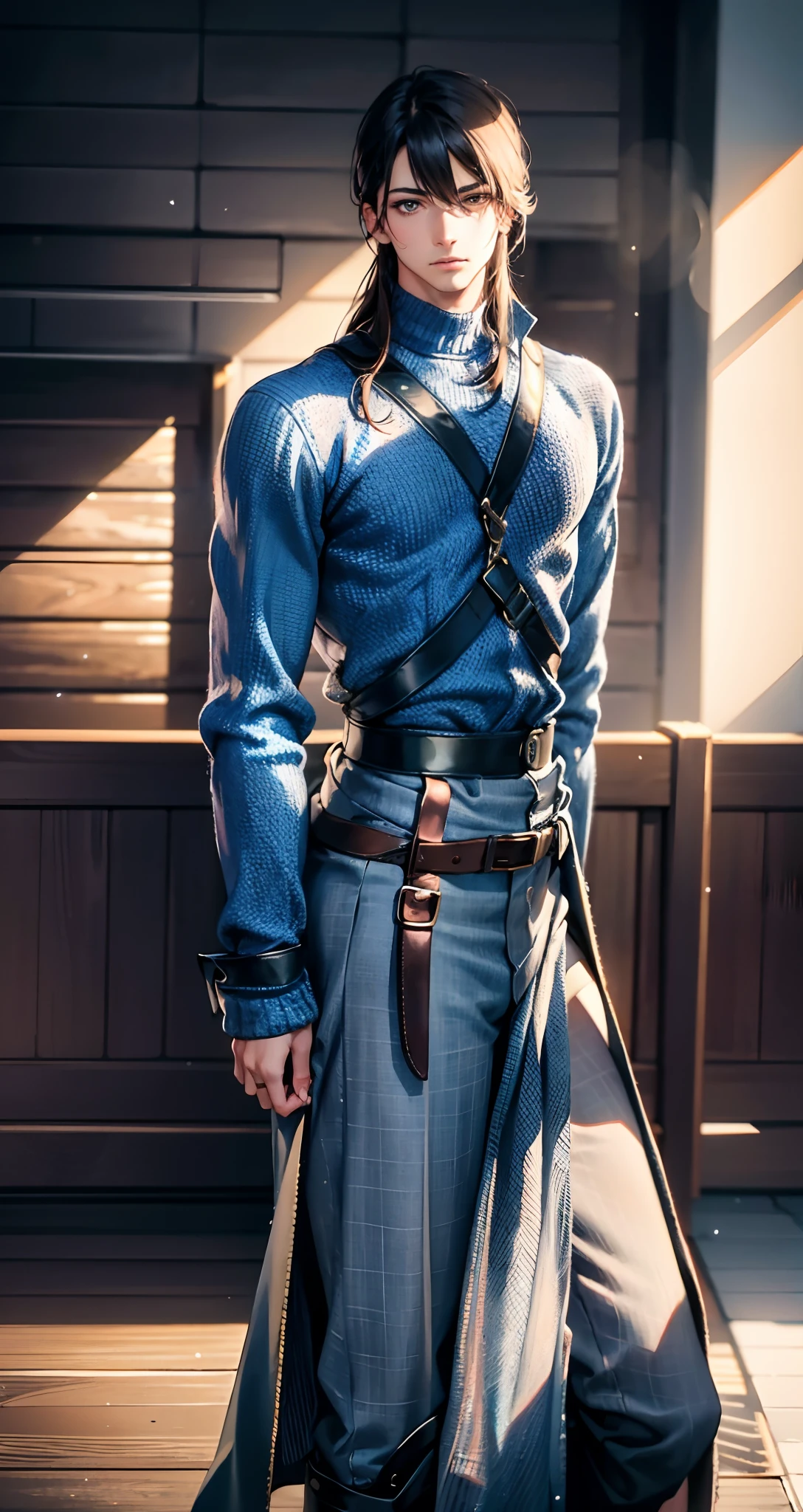 A young man with indigo long hair, long and straight hairstyle, looks up, a gentle expression, a tender gaze, a two-piece fantasy-realism style outfit, knitted shirt over a dark fitted undershirt, belted at the waist, long flowing hemline, matching trousers, the background shows a medieval fantasy-style street with snowflakes falling, this character embodies a finely crafted fantasy-realism in anime style, characterized by an exquisite and mature manga illustration art style, high definition, best quality, highres, ultra-detailed, ultra-fine painting, extremely delicate, professional, anatomically correct, symmetrical face, extremely detailed eyes and face, high quality eyes, creativity, RAW photo, UHD, 8k, Natural light, cinematic lighting, masterpiece-anatomy-perfect, masterpiece:1.5