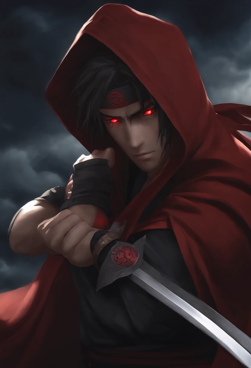 - Ninja
- Cabelos pretos
- Sharingan (Olhos vermelhos)
- Serious expression
- Konoha Costume
- Akatsuki Cloak (preta, nuvens vermelhas)
- Totsuka no Tsurugi Sword
- Confident posture
- Nimble hands
- Mystery and complexity.