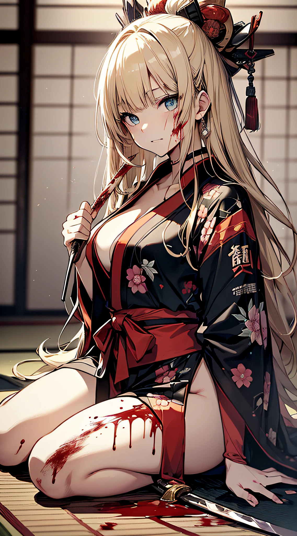 top-quality、Top image quality、​masterpiece、girl with((cute little、18year old、Best Bust、Medium bust、Bust 85,Beautiful blue eyes、Breasts wide open,valley、Blonde long hair、A slender、Black Samurai Costume、Murderous face,Holding a sword in his right hand Japan、black and white color scheme、systemic return blood、Reflecting the whole body、sit in)）hiquality、Beautiful Art、Background with((Japanese-style room、The screen is covered in blood、Bloody tatami mats、Bloody fusuma、Shoji with blood)),masutepiece、Elaborate design、visualart、depth of fields、The best lighting、highestdetailed、8ｋ,、Art of Kurosawa World