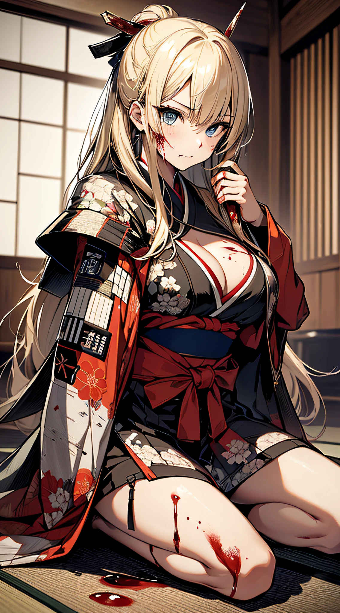 top-quality、Top image quality、​masterpiece、girl with((cute little、18year old、Best Bust、Medium bust、Bust 85,Beautiful blue eyes、Breasts wide open,valley、Blonde long hair、A slender、Black Samurai Costume、Murderous face,Holding a sword in his right hand Japan、black and white color scheme、systemic return blood、Reflecting the whole body、sit in)）hiquality、Beautiful Art、Background with((Japanese-style room、The screen is covered in blood、Bloody tatami mats、Bloody fusuma、Shoji with blood)),masutepiece、Elaborate design、visualart、depth of fields、The best lighting、highestdetailed、8ｋ,、Art of Kurosawa World