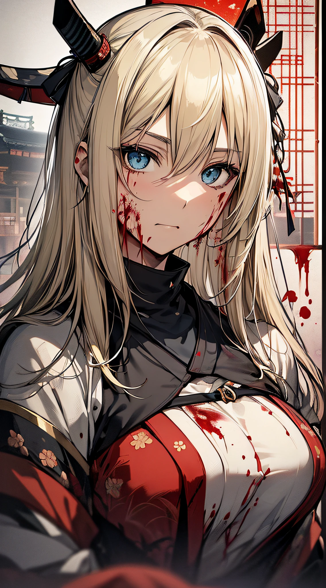 top-quality、Top image quality、​masterpiece、girl with((cute little、18year old、Best Bust、Medium bust、Bust 85,Beautiful blue eyes、Breasts wide open,valley、Blonde long hair、A slender、Black Samurai Costume、Murderous face,Holding a sword in his right hand Japan、black and white color scheme、systemic return blood、Reflecting the whole body、sit in)）hiquality、Beautiful Art、Background with((Japanese-style room、The screen is covered in blood、Bloody tatami mats、Bloody fusuma、Shoji with blood)),masutepiece、Elaborate design、visualart、depth of fields、The best lighting、highestdetailed、8ｋ,、Art of Kurosawa World