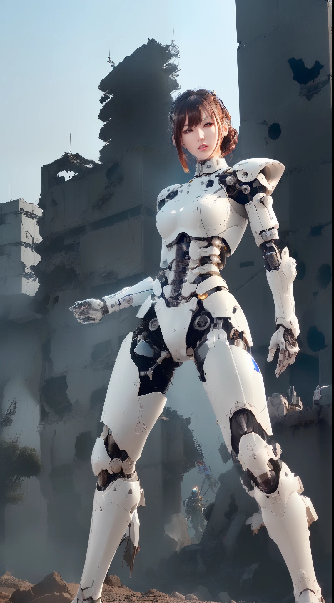 (((masutepiece))), (top-quality, high quarity:1.6)、(hight resolution、Very high resolution:1.5)、ultra-definition, (Realistic), ((well proportioned face))、fulcolor 、(scientific fiction)、(独奏)、Beautiful fighting robot woman、(droid)、(Detailed Desert Eagle)、(Oval curvaceous face)、(almond shape eyes)、thin mouth、deadpan、(Detailed mechanical joints:1.3)、White porcelain female mechanical armor、(Mechanical limbs、Detailed electronic board、machine components)、(Destroyed robot abdomen、Robot abdomen with spilled mechanical parts:1.3)、Cyberpunk City in the daytime、(battle field、Fighting action、Shoot the gun、Combat stance)