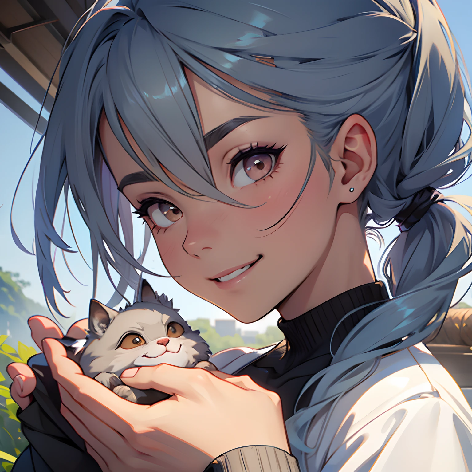 Young woman in jersey, grayish-blue hair, low ponytail, slicked-back bangs, large eyes, brown eyes, gently smiling, small animals, acorns