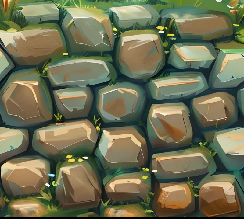 Stylized stone wall Texture, world of Warcraft style Texture, fantasy games stylzed Texture, tilleable, stone wall Stylize texture map, the stones surfaces are smooth, sharp image, high contrasts, natural clear blue sky day light, highly detailed, vivid colored, soft the stones surface, smooth color blending, Use of vivid colors, smooth and soft the wall stones edges.