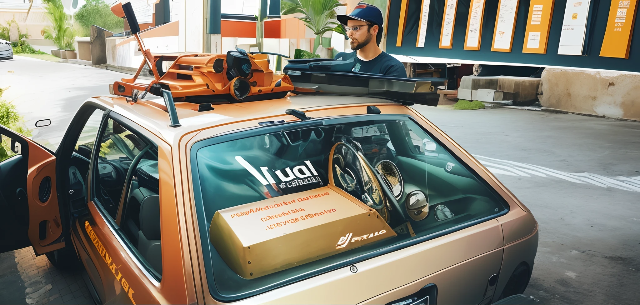 There's a man next to a car with a machine on top, auril, profissional, foto do instagram, entregando caixa de parsel, accurate depiction, maintenance photo, muito profissional, Logo, Logo, retrato preciso, unusual composition, Logobusiness type, por Julius como, filmado no iphone, arte profissional, Ad image, Hand drawn