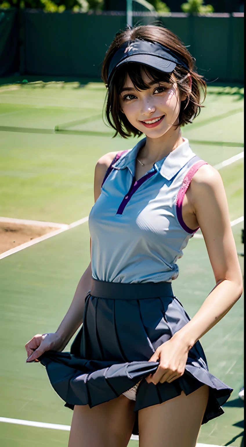 (((Dressing:1.8))), ((Dress up reliably:1.8)), (((pantie shot:1.8))), (((Show the camera everything about your panties:1.8))), ((Lifted skirt:1.8)), (((Tennis Uniforms:1.8, sleeveless shirts:1.5, Panties with a small area:1.5))), ((tennis field:1.8)), ((Smiling smile:1.8)), 1girl in, 独奏, 18year old, 7headed body, Ideal ratio body proportions, erectile nipple, short-hair, A dark-haired, With bangs, small tits, A slender, Small buttocks, beauty legs, Skinny Legs, surrealism, Cinematic lighting, depth of fields, One-person viewpoint, F/1.8, 135 mm, nffsw, masutepiece, ccurate, ((Anatomically correct:1.3)), Textured skin, Super Detail, high details, High quality, awardwinning, Best Quality, hight resolution, 8K