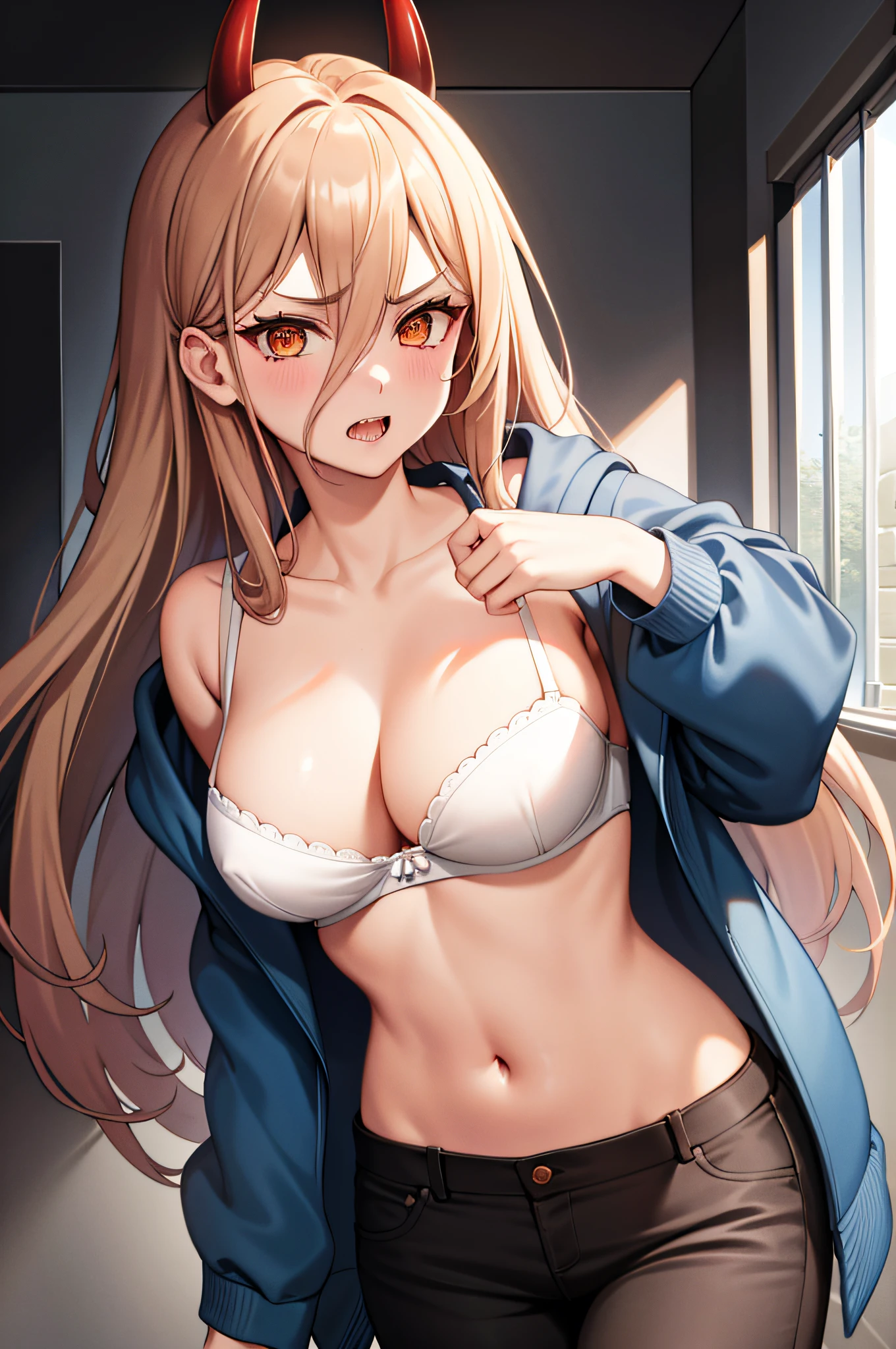 1girl, power \(csm\) , long hair, blonde hair, (red horns:1.1), (cross-shaped pupils:1.5), symbol-shapedpupils, yellow eyes, sharp teeth, (blush:1.3),
BREAK nsfw, (white bra:1.2), (cleavage:1.3), (huge breasts:1.1), (black pants:1.1), (blue jacket:1.2), (Sexy poses),
BREAK looking at viewer,
BREAK indoors, office, 
BREAK (masterpiece:1.2), best quality, high resolution, unity 8k wallpaper, (illustration:0.8), (beautiful detailed eyes:1.6), extremely detailed face, perfect lighting, extremely detailed CG, (perfect hands, perfect anatomy),