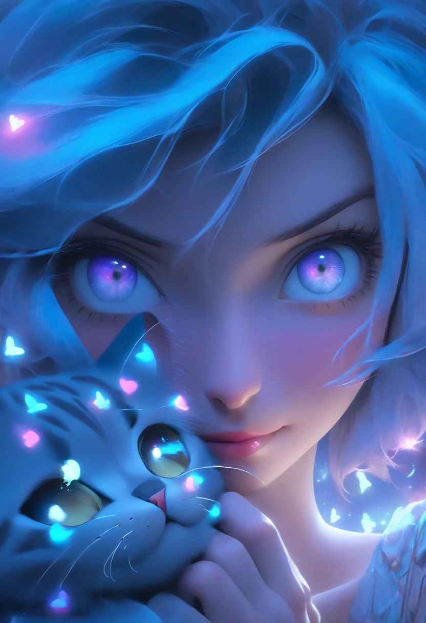 detail, Realism, 4K, Beautuful Women, facial detailing, Big blue eyes, Plump lips, Upturned nose, Purple hair and gray hair, Wearing a light blue dress, Cat in his hands, Blue moonlight background, White butterfly in the foreground, Realistic shooting, depth of fields, Soft front light, Glow, nffsw (PastelColors: 1.2), Canon RF 100mm f2.8L 宏 IS USM