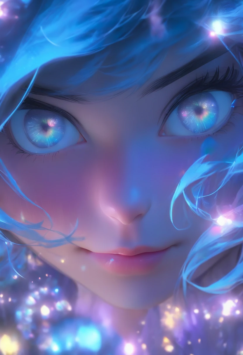 detail, Realism, 4K, Beautuful Women, facial detailing, Big blue eyes, Plump lips, Upturned nose, Purple hair and gray hair, Wearing a light blue dress, Cat in his hands, Blue moonlight background, White butterfly in the foreground, Realistic shooting, depth of fields, Soft front light, Glow, nffsw (PastelColors: 1.2), Canon RF 100mm f2.8L 宏 IS USM