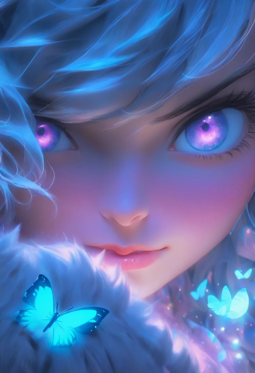 detail, Realism, 4K, Beautuful Women, facial detailing, Big blue eyes, Plump lips, Upturned nose, Purple hair and gray hair, Wearing a light blue dress, Cat in his hands, Blue moonlight background, White butterfly in the foreground, Realistic shooting, depth of fields, Soft front light, Glow, nffsw (PastelColors: 1.2), Canon RF 100mm f2.8L 宏 IS USM