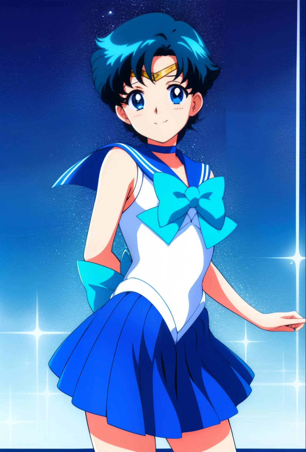 Sailor Senshi Uniform、sparkle、Sailor Mercury、Anime Boy、Junior high school boys、Ami Mizuno、gender change、gender change(Girls to boys)、circlet、Blue sailor collar、solo、Sky blue bow tie、Blue-eyed boy、Very short blue-haired boy、a blue skirt、Blue choker、Blue knee boots、skirt、bow、back_bow、rating:safe、boots、Magical Boy、Bare shoulders、bare legs、knee_boots、sparkle_background、white glove、jewelry、smile、elbowgloves、耳Nipple Ring、blue_bow、sky blue_bow、open_mouth、heart、White leotard、highleg leotard、robe blanche、full_body、blue_background、white_background、looking_at_viewer、indoors、Muscular men、room、lens_flare、a miniskirt、pleatedskirt、(1990's\(styles\):0.9)、Ecchi anime style、Enchanting anime boy、Classic Boy、High quality anime art style、anime moe art style、​masterpiece、
