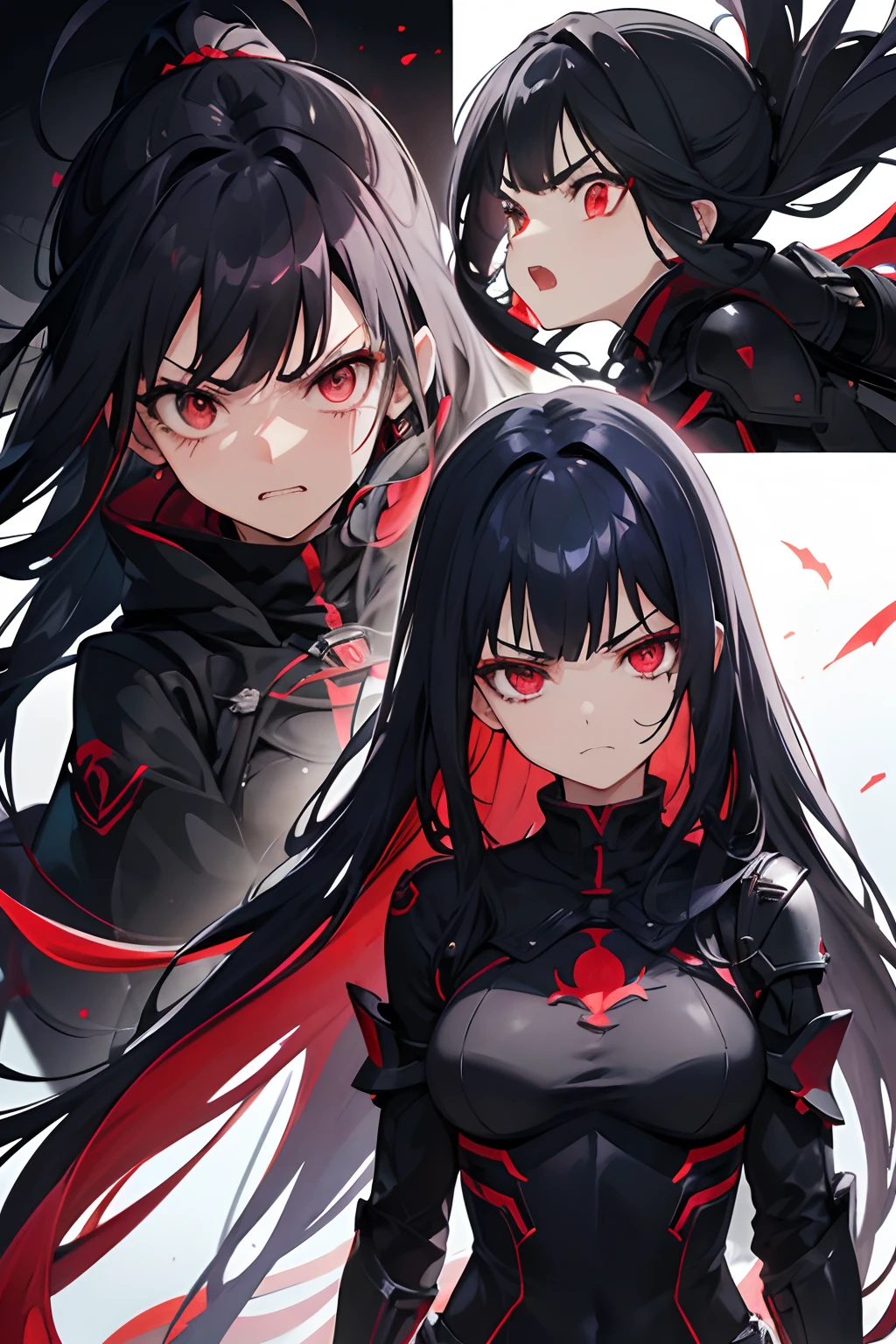 girl, jet-black armor, crimson red eyes, angry, dark blue hair, colored inner hair, long hair, floating hair, expressive hair, shiny hair, scar on cheek, mask removed, snake pupils, wide-eyed, frown, fangs, screaming, v-shaped eyebrows, scowl, upset, anime, anime style, Surrealism, cinematic lighting, bloom, backlighting, depth of field, silhouette, pov, multiple views, foreshortening, Wide-Angle, best quality, masterpiece
