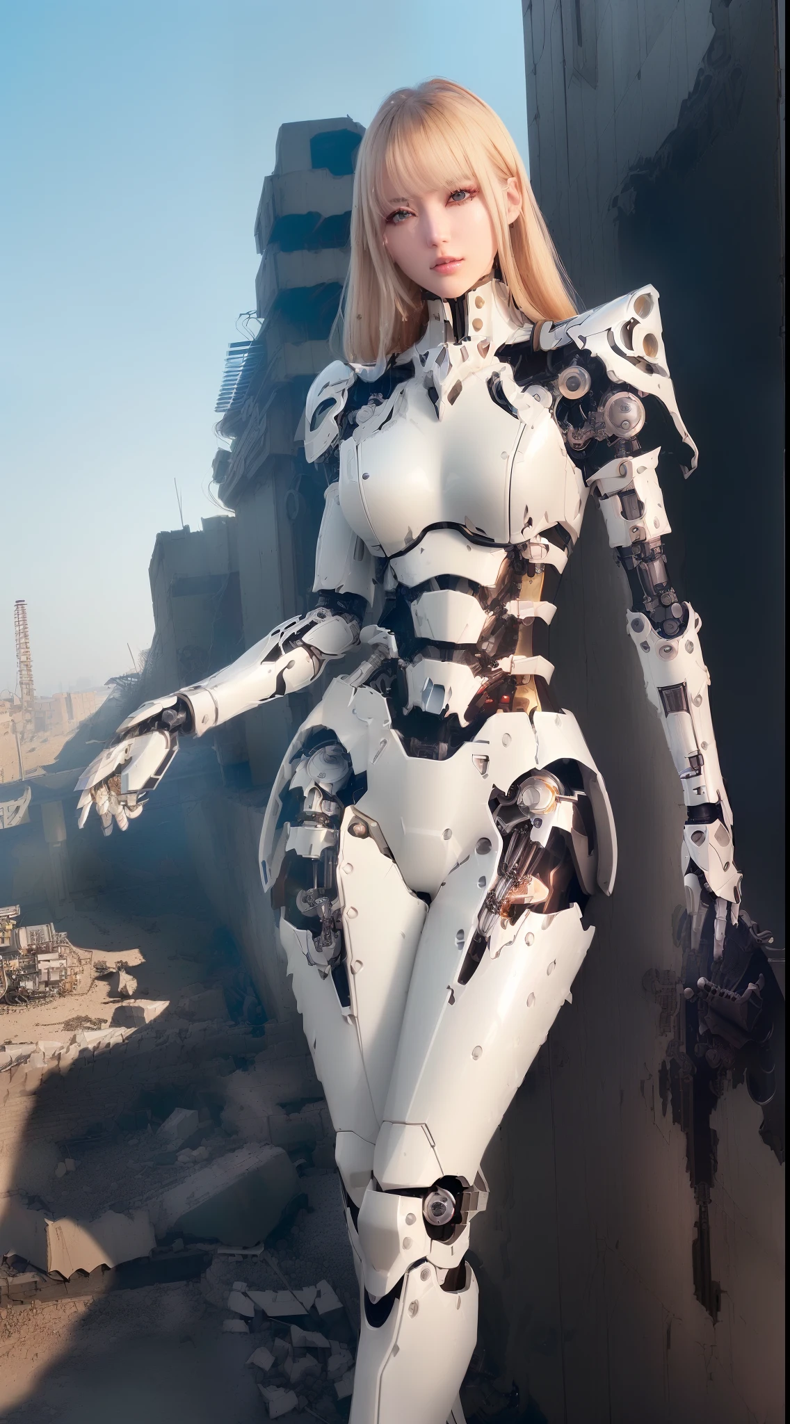 (((masutepiece))), (top-quality, high quarity:1.6)、(hight resolution、Very high resolution:1.5)、ultra-definition, (Realistic), ((well proportioned face))、fulcolor 、(scientific fiction)、(独奏)、Beautiful fighting robot woman、(droid)、(Detailed Desert Eagle)、(Oval curvaceous face)、(almond shape eyes)、thin mouth、deadpan、(Detailed mechanical joints:1.3)、White porcelain female mechanical armor、(Mechanical limbs、Detailed electronic board、machine components)、(Destroyed robot abdomen、Robot abdomen with spilled mechanical parts:1.3)、Cyberpunk City in the daytime、(battle field、Fighting action、Shoot the gun、Combat stance)