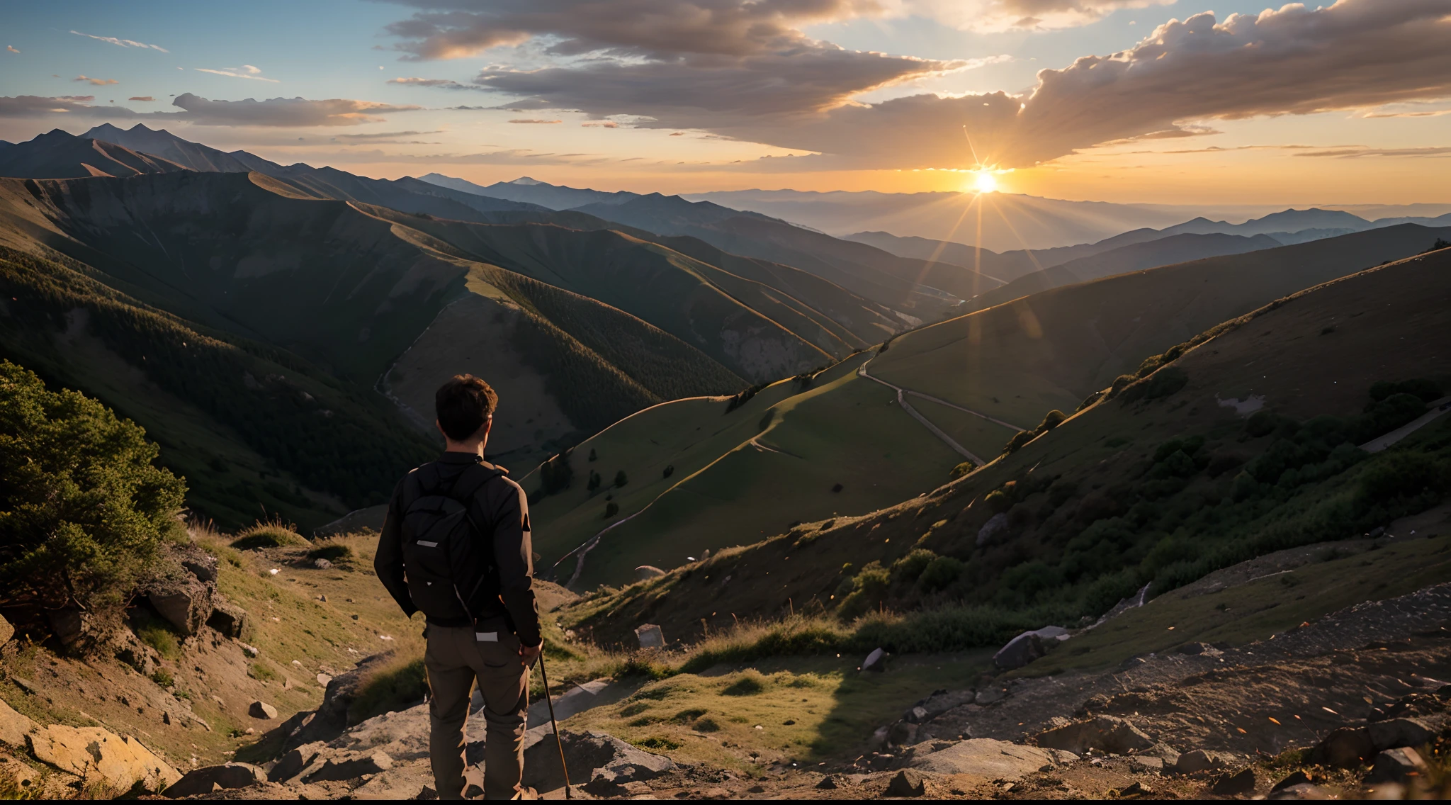 man standing from the top of the mountain looking down, view from behind, sunset, reality,