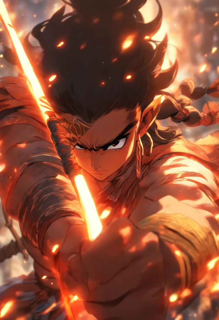 foreshortening, depth of field, masterpiece, best quality, Lord Rama, black hair, brown eyes, long hair, at war, holding bow and arrow, solo, looking at viewer,