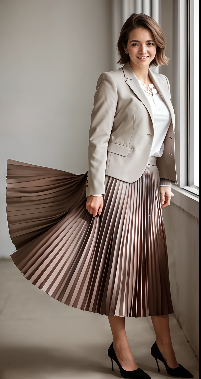 (shy:1,2) (smiling;1,1) woman playing with skirt, dancing, wearing short blazer and very very detailed (long (fully pleated) full circle skirt) and (simple) low heeled office shoes, very very intricate hyper-detailed symmetric (attractive graceful young feminine face) with (sad, tired eyes and a shy smile), large breasts, full of empathy and compassion and love, (pronounced (feminine) features), (highly detailed ultra accurate realistic) hands and fingers, (windy conditions and wind blowing), epic composition, highly detailed attributes, highly detailed space station background, (35mm f1.4 Kodak portra 400 photograph), extremely high quality RAW photograph,