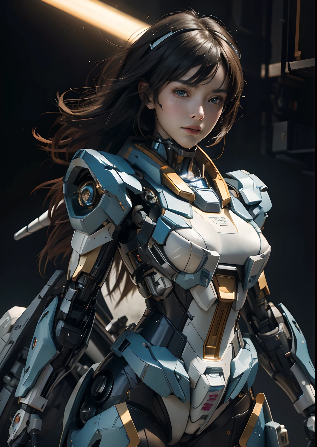 Textured skin, Super Detail, high details, High quality, Best Quality, hight resolution, 1080p, hard disk, Beautiful,(Gundam),beautiful cyborg woman,Mecha Cyborg Girl,Battle Mode,Girl with a Mecha Body,She wears a futuristic Gundam mecha,Fulll body Shot