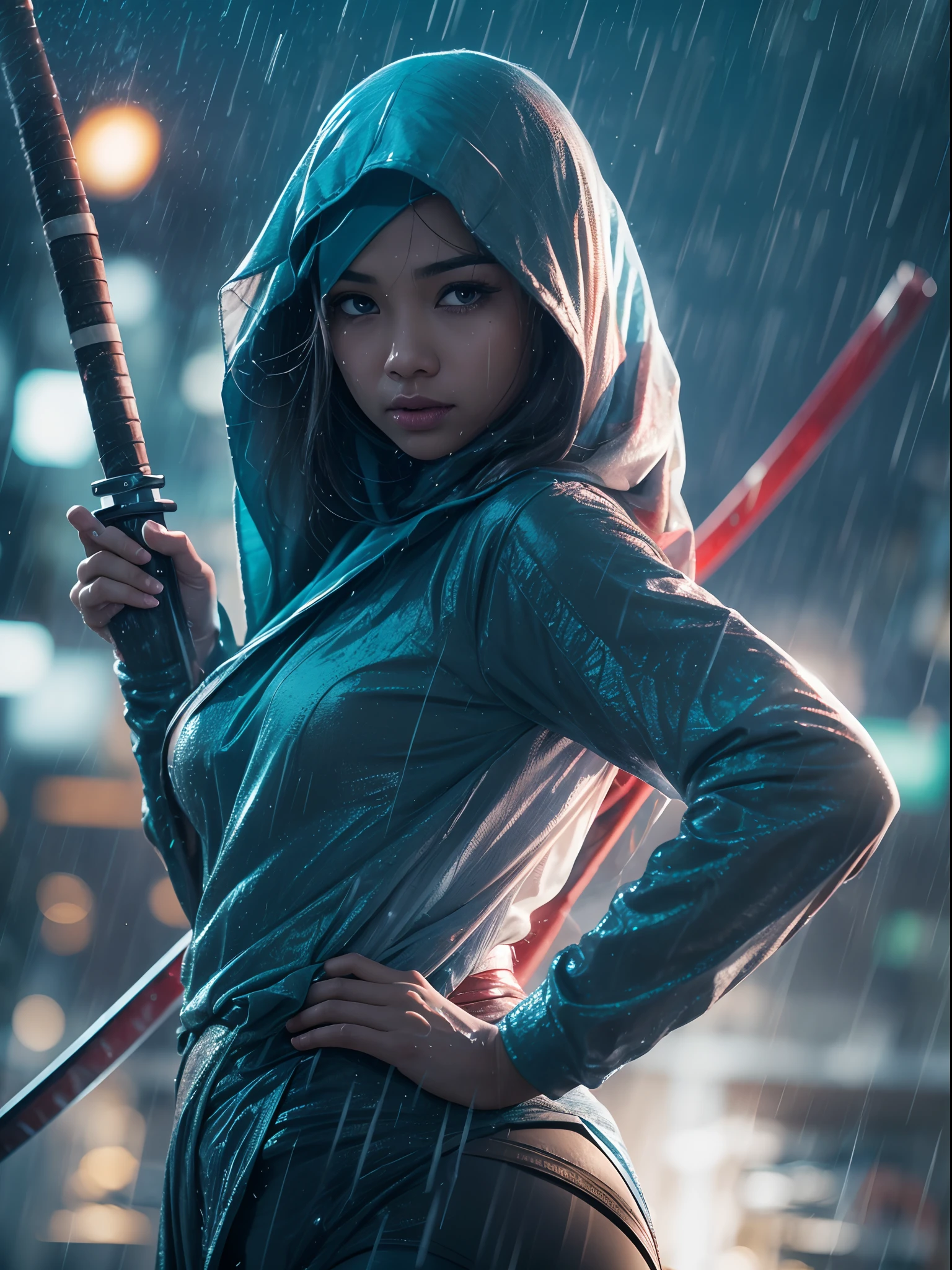 1 malay girl, solo, hijab, blue eyes, medium hijab, superhero, very wet blue and white leotard, leggings, boots, hands on hip, wet face, heavy rain, top of building, city background, holding katana, firmly holding katana, superhero pose, ready to fight,bokeh, nighttime, high quality, ultra detail, 8k, action pose, cinematic lighting, cinematic smoke,