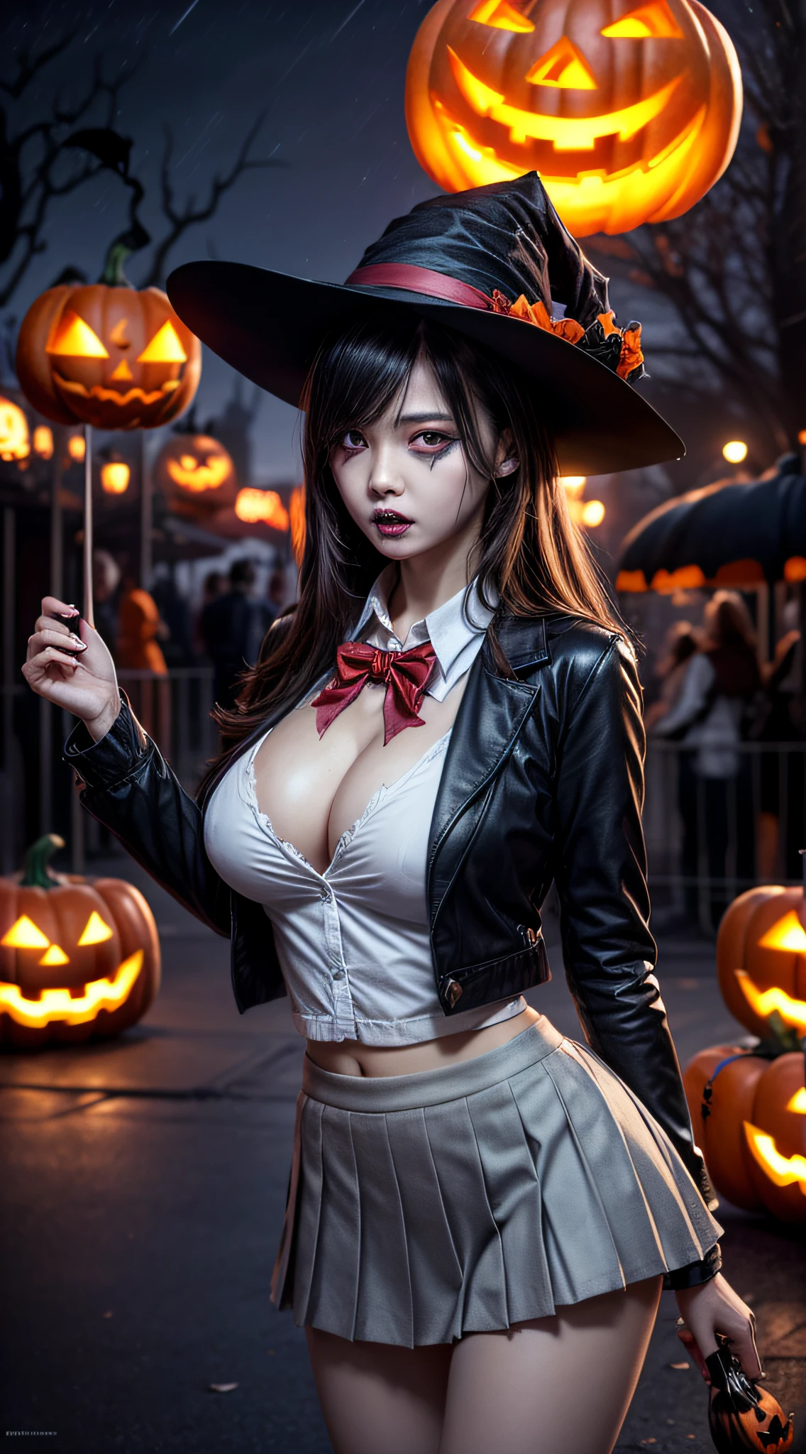 1beautiful girl, Amazing face and eyes, (extremely detailed beautiful face), (The sexiest look), (Beautiful big breasts:1.2), (School uniform, Pleated miniskirt:1.2), (Best Quality:1.4), (Ultra-detailed), (extremely detailed CG unified 8k wallpaper), Highly detailed, RAW Photos, Professional Photography, (Night amusement park, Halloween:1.5), (An eerie amusement park shrouded in thick fog), (Hordes of zombies), A scene from a movie,