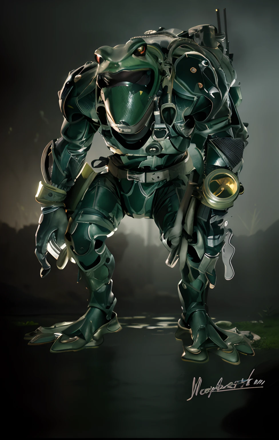 ((Cool toad in full growth)), ((Battle Toad Game)), ((Testosterone special forces warrior)), ((Waterfowl diver)),((Cheerful, strong warrior - toad)), Strong arms, broad shoulders , webbed fingers and toes. Legs are flippers. A serious opponent, armed with a tactical knife on his belt, chest pockets, diving equipment on his back. Light weapon on the belt. Green skin, blisters, pimples, green disguise. Swamp, greenery, fog, nature, pond.
  Animated character, three-dimensional film, high quality skin textures, wet shine on the body. Light from the side, heroic shot. Best quality 3D animation, unreal engine, | Ultra HD | Full HD, cinematic rendering, 3D visualization - a masterpiece, TOP computer graphics ART. 8K, motion capture, skin pores, dark lighting, shading, detailed body rigging. (vivid, photorealistic, dramatic, dark, sharp focus, 8K). High detail textures, fabric, leather, metal, bone. Textures, high quality, (shades of gray, green, black elements, metallic shine), Military equipment on a loose torso, diving suit. Film grain, water, shine on the skin, humid air, the contrast of cold shadows and warm golden light. Behind the character, dark dust, a lake-swamp, whirlwinds of dead souls.