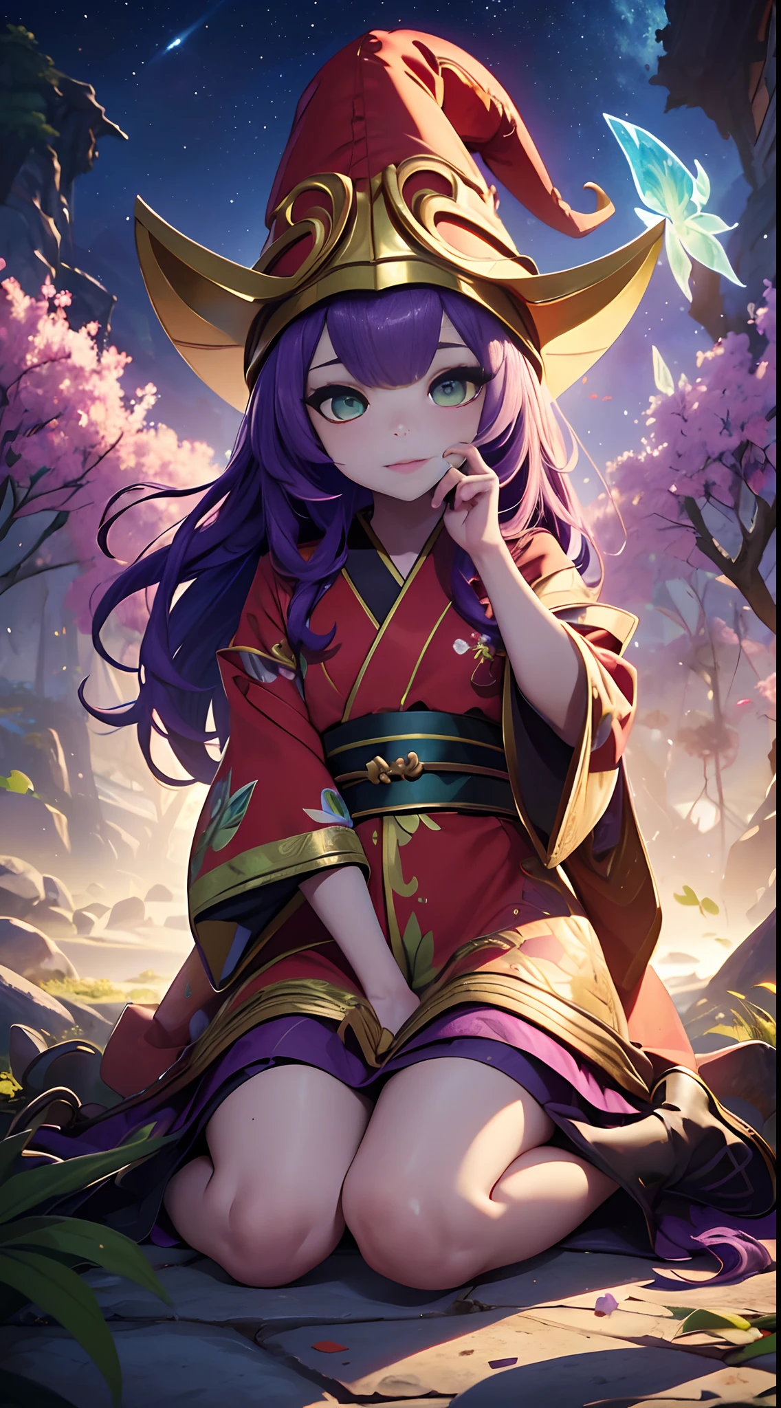 ((masterpiece)), melhor qualidade, Ultra high resolution, (fotorrealista: 1.4), (obra-prima, melhor qualidade,(1 menina), ((Lulu)) \(League of Legends\) kimono vermelho com detalhes douradis, joias, illustration, gargantilha, estrela \(simbol\), uma borboleta roxa, olhos verdes, olhos brilhantes, cabelo roxo, cabelo roxo, cabelos longos, brincos, kimono vermelho, vestido vermelho e dourado, joias de outo, Red and gold witch hat, paisagem, noite, magia, elegante, gueixa, olhar gentil, templo, floresta, ahegao, feets, pele lilas, olhos verdes, olhos detalhados, outono, folhas de outono, kid girl