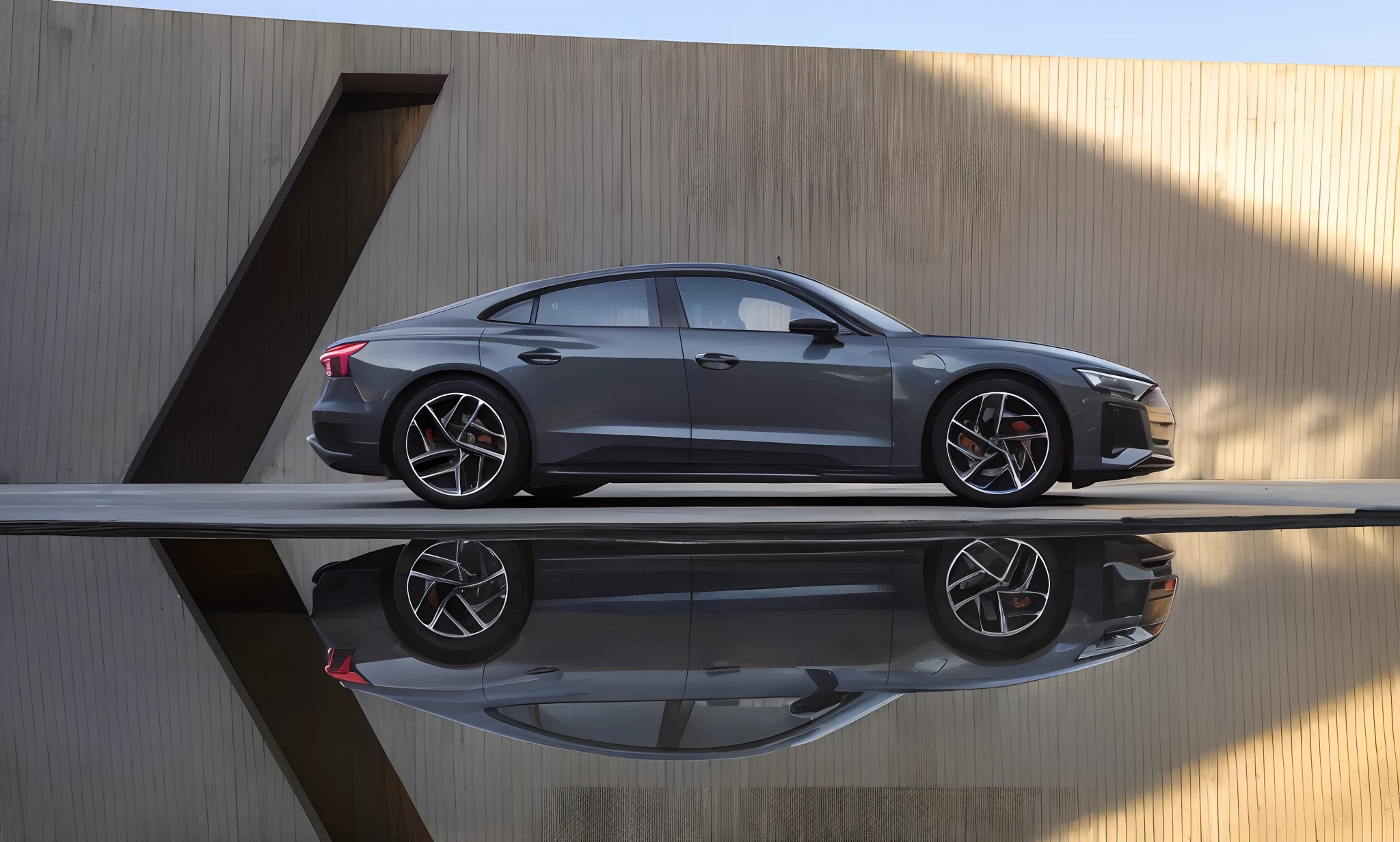 Cars parked in front of the building, Audi e-tron GT, side perspective, conceito, taken from the side, full view of a car, high-quality picture, lit from the side, hyperrealistic”, ultra realistic”,stunning 8 k, 8k in the style, beauty shot, angle view, close up shot from the side, ƒ/5.0, full view of a sport car