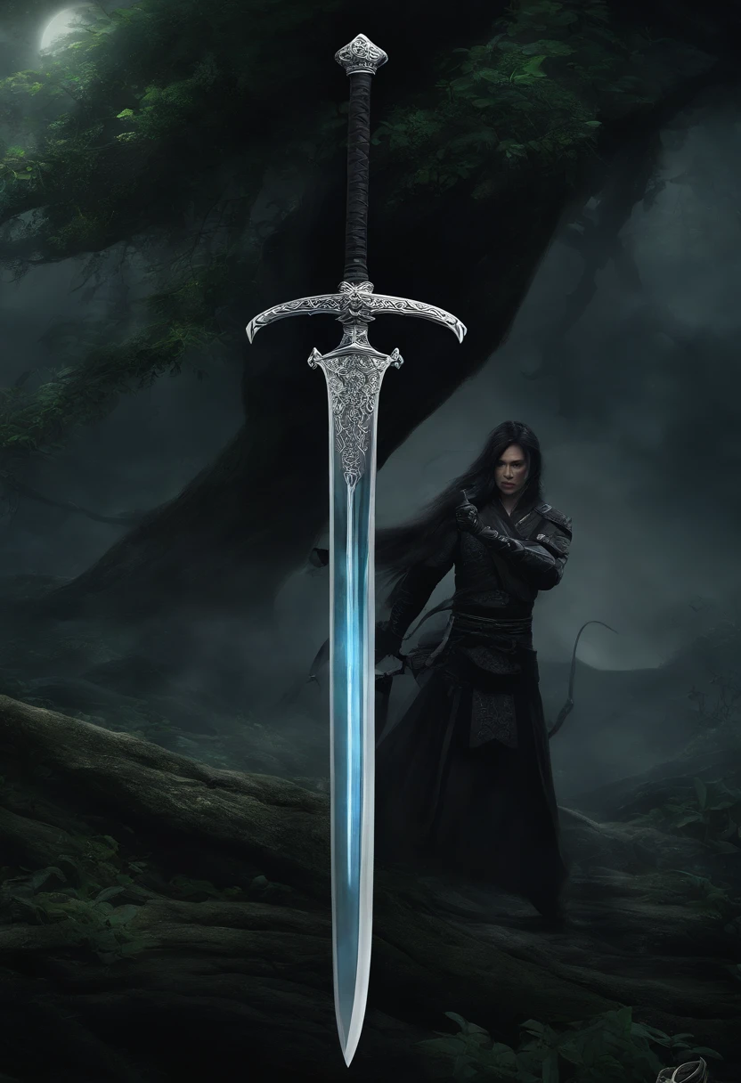 Description: The Voidblade Katana, a weapon of enigmatic shadows, rests in an eerie, moonlit hillside. Tendrils of inky darkness enshroud the blade and its surroundings. The misty obscurity conveys a sense of cosmic mystique, with whispers of the void echoing through the silence. The katana's pose exudes an enigmatic presence, and its effects involve the uncanny interplay of darkness and dimension-warping.