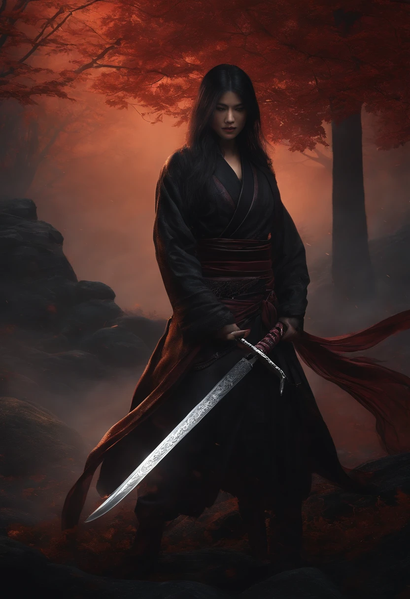 Description: The Voidblade Katana, a weapon of enigmatic shadows, rests in an eerie, moonlit hillside. Tendrils of inky darkness enshroud the blade and its surroundings. The misty obscurity conveys a sense of cosmic mystique, with whispers of the void echoing through the silence. The katana's pose exudes an enigmatic presence, and its effects involve the uncanny interplay of darkness and dimension-warping.