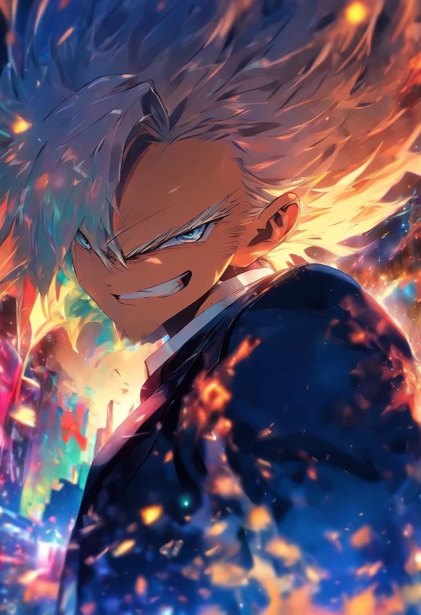 of a handsome man,with short white hair,Black suit,sharp look,grinning smile,Hold up a finger,Close-up Shot Shot,Stand indoors,In a Japanese anime style,Best quality --S 750 --AR 1:1