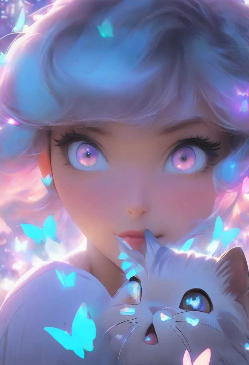 detail, Realism, 4K, Beautuful Women, facial detailing, big eyes with brown eyes, Plump lips, Upturned nose, Purple hair and gray hair, Wearing a light blue dress, Cat in his hands, Blue moonlight background, White butterfly in the foreground, Realistic shooting, depth of fields, Soft front light, Glow, nffsw ，（zoomout：1.8），medium shot，(PastelColors: 1.2), Canon RF 100mm f2.8L 宏 IS USM
