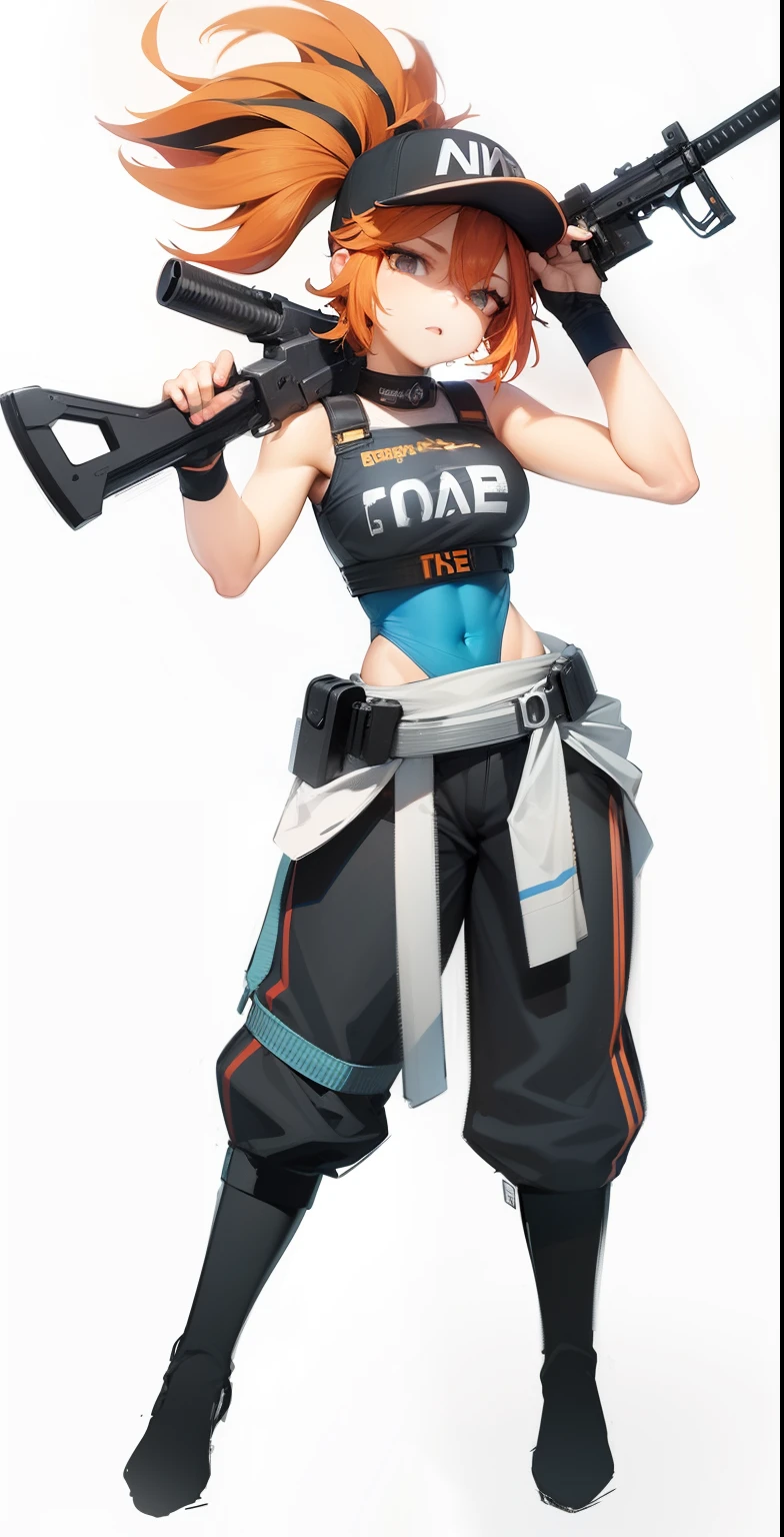 Woman with black baseball cap on her head, Female protagonist,Orange-red hair,Slender posture,M4A1 rifle,Perfect waistline,looking at the screen,Charming eyes,high qulity,high-definition picture quality,Proud eyes,On the high horse。