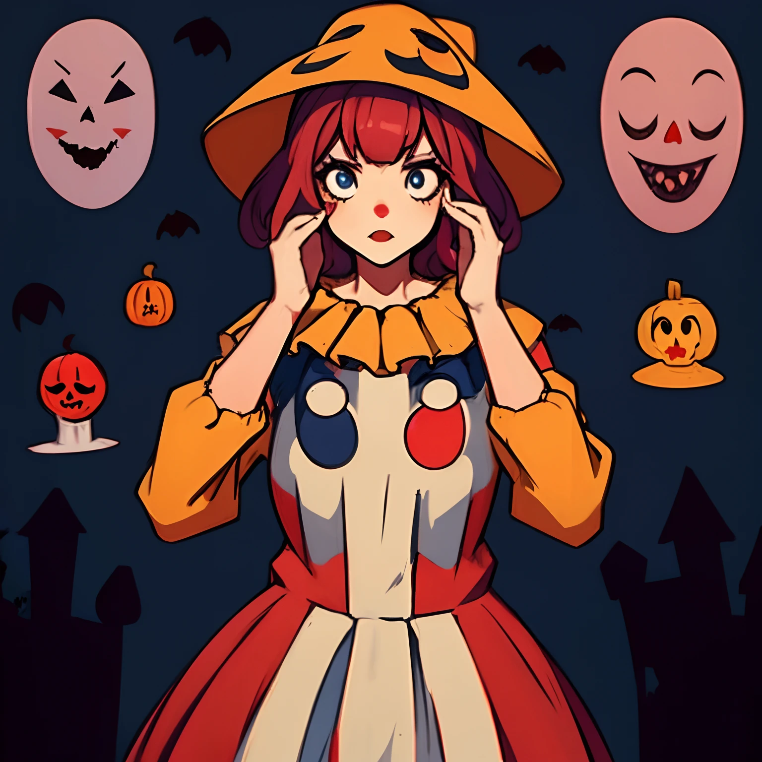 girl wearing clown costume, different expressions and poses, spooky costume