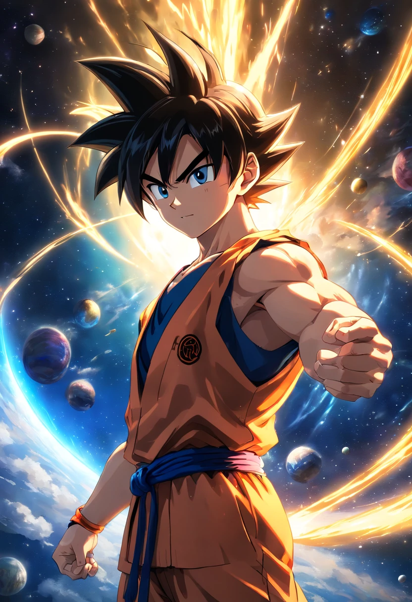 (melhor qualidade, Altas, Realistic:1.37), ultra-detalhado, Goku using the Golden Armored Higher Instinct of the Sagittarius Zodiac Sign, large muscles, Estilo Saint Seiya, estilo anime, corpo inteiro, olhos e rosto detalhados, long eyeslashes, aura azul e vermelha ao redor de Goku, background in space