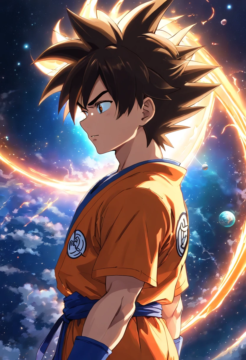 (melhor qualidade, Altas, Realistic:1.37), ultra-detalhado, Goku using the Golden Armored Higher Instinct of the Sagittarius Zodiac Sign, large muscles, Estilo Saint Seiya, estilo anime, corpo inteiro, olhos e rosto detalhados, long eyeslashes, aura azul e vermelha ao redor de Goku, background in space
