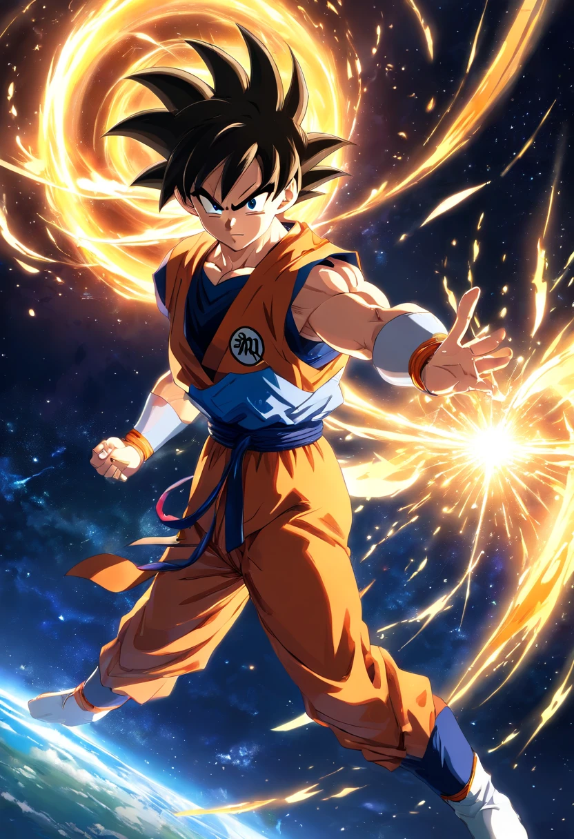 (melhor qualidade, Altas, Realistic:1.37), ultra-detalhado, Goku using the Golden Armored Higher Instinct of the Sagittarius Zodiac Sign, large muscles, Estilo Saint Seiya, estilo anime, corpo inteiro, olhos e rosto detalhados, long eyeslashes, aura azul e vermelha ao redor de Goku, background in space