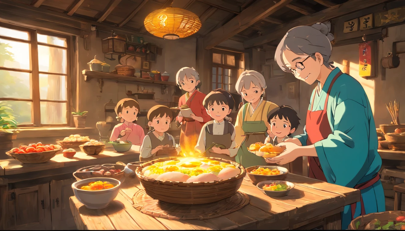Rural atmosphere, New Year atmosphere, Grandparents, Mom and Dad Round Table, breakfast, Abundant food, Zhuang people, Eggs, Colorful glutinous rice flour, rice dumpling, Chicken, Sunlight, Curtains, ssmile, boy on the left,Take farm tools. Image quality: (Best quality, 4K, 8K, A high resolution, Masterpiece:1.2), Ultra-detailed, (Realistic, Photorealistic, photo-realistic:1.37), hdr, hyper HD, Studio lighting, Ultra-fine painting, Sharp focus, Physically-based rendering, Extreme detail description, professional, Vivid colors, Bokeh. Art style: 80shair, rural, Family, Recording, lifestyle, culture, Portrait, Realistic. Color Palette: Warm tones, Vibrant colors. lighting: soft, Natural light, illuminating the scene.