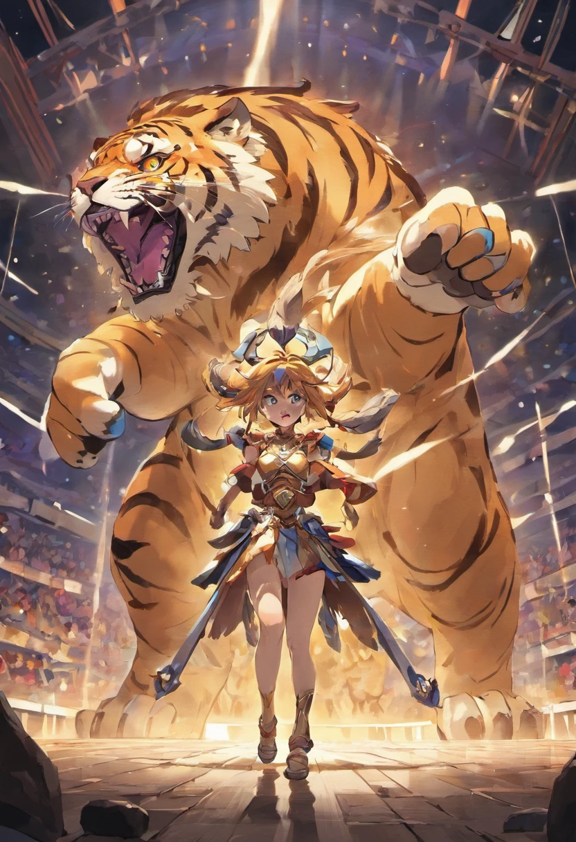 two gladiators and two tigers in arena