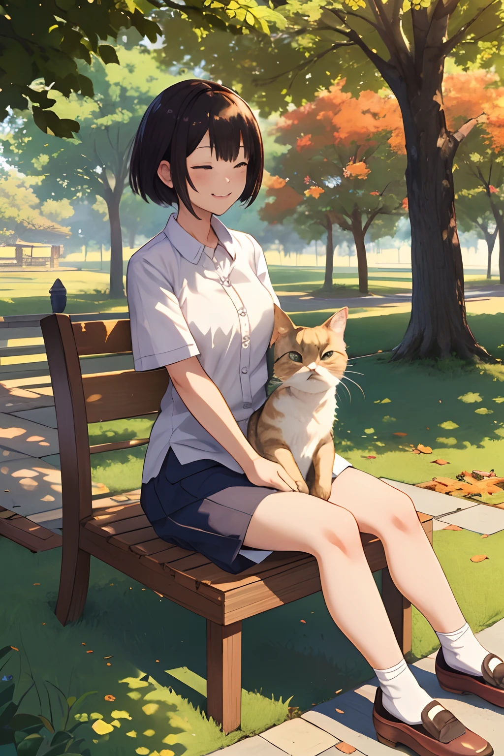 Best Quality。masutepiece。Two old cats。Sitting in the sun and relaxing。The background is a park of fallen leaves。