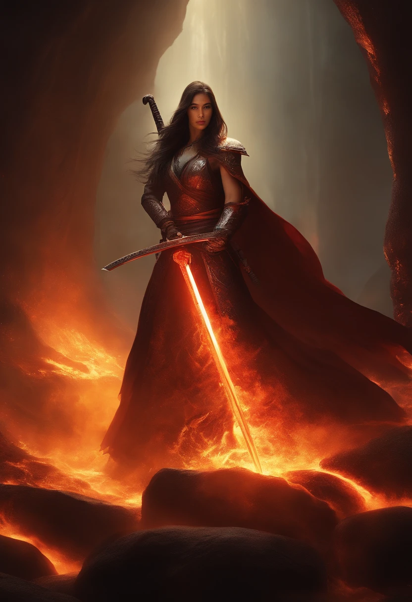 Description: The Soulfire Katana, a weapon of ethereal flames, finds its resting place within a volcanic cavern. The blade's fiery etchings shimmer in the molten glow of the surroundings, casting a fiery, ever-moving play of shadows on the cave walls. The cavern rumbles with distant volcanic roars, adding to the sword's aura of consuming destruction and rebirth. The katana's pose in the fiery forge symbolizes the undying spirit of flames and the weapon's connection to infernal forces.