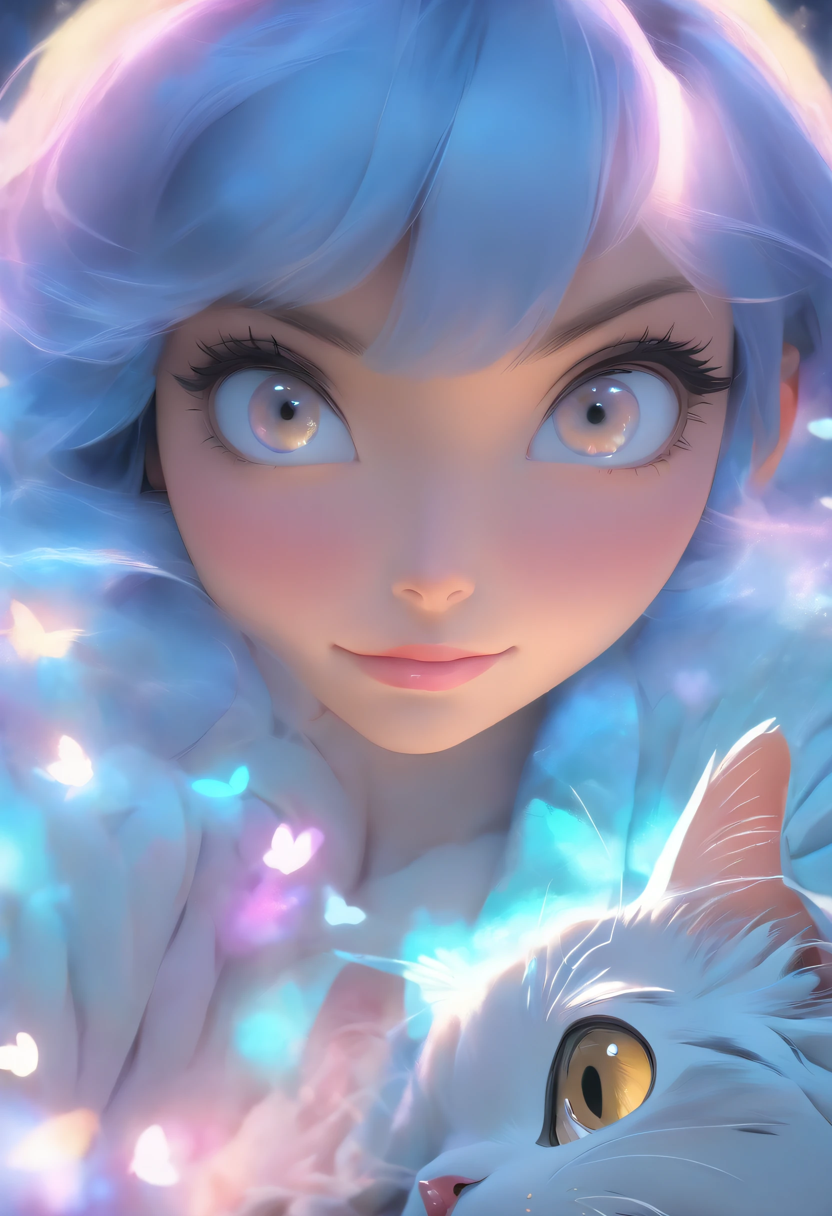detail, Realism, 4K, Beautuful Women, facial detailing, big eyes with brown eyes, Plump lips, Upturned nose, Purple hair and gray hair, Wearing a light blue dress, Cat in his hands, Blue moonlight background, White butterfly in the foreground, Realistic shooting, depth of fields, Soft front light, Glow, nffsw ,(zoomout:1.8),medium shot,(PastelColors: 1.2), Canon RF 100mm f2.8L 宏 IS USM