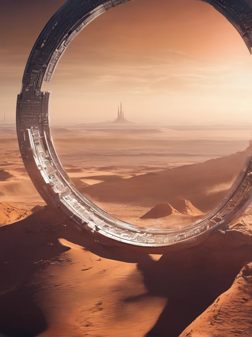 Um Stargate circular que leva um homem a outro futuro, ancient inscriptions, ambientado dentro de uma caverna misteriosa.