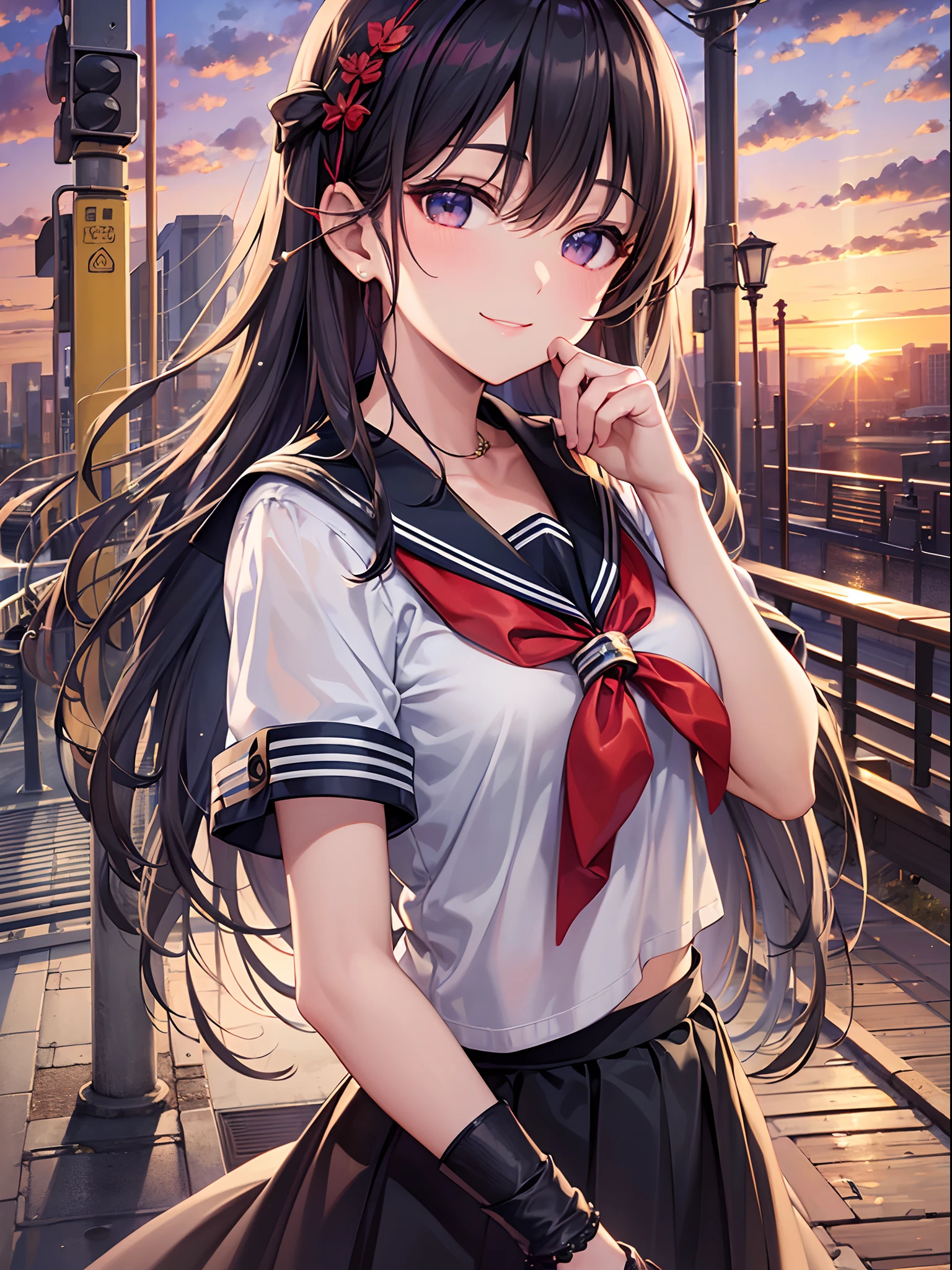 ((Finest quality)),(超A high resolution),(ultra-detailliert),(Meticulous portrayal),((Best CG)),(Finest works of art),Ultra-Precision Art,The art of astounding depiction, (evening glow:1.3),(Sunset sky:1.3), 1 girl:1.5),Stand by the railroad crossing,a sailor suit:1.5,Look at me and smile:1.3,