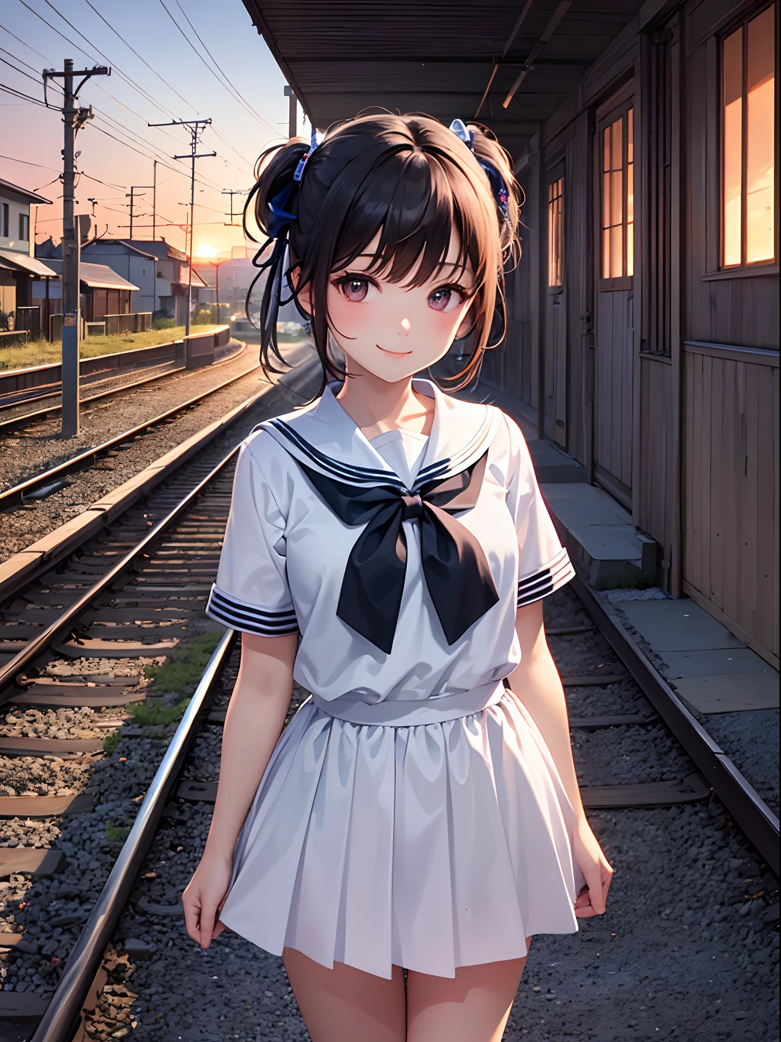 Anime girl in a short dress standing on a train track - SeaArt AI