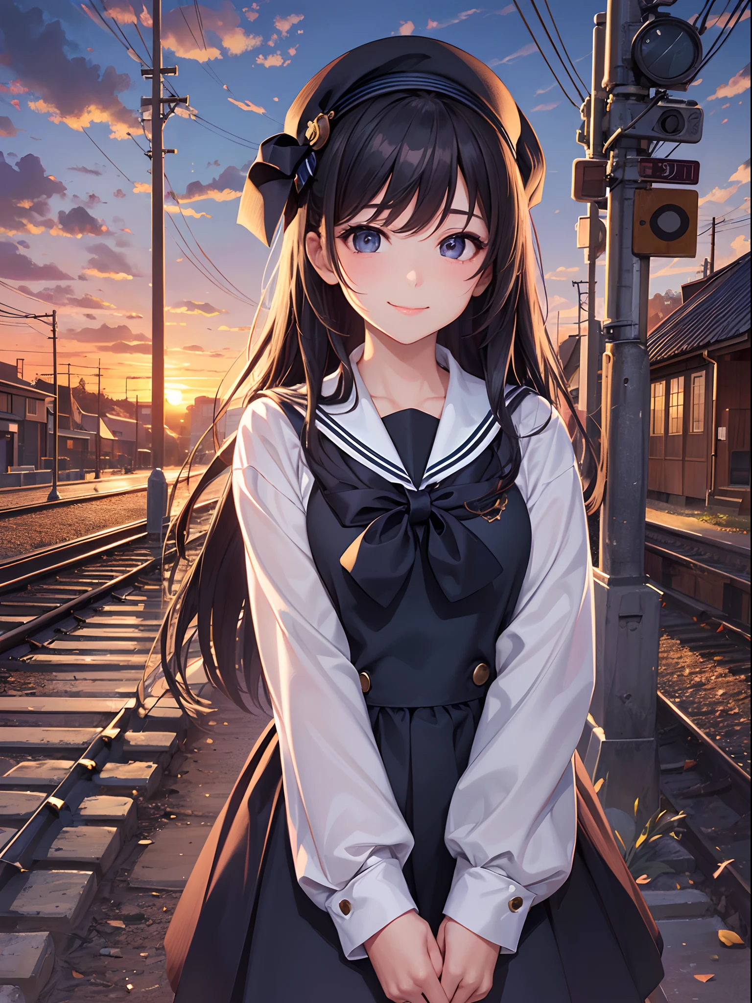 ((Finest quality)),(超A high resolution),(ultra-detailliert),(Meticulous portrayal),((Best CG)),(Finest works of art),Ultra-Precision Art,The art of astounding depiction, (evening glow:1.3),(Sunset sky:1.3), 1 schoolgirl:1.5),Stand by the railroad crossing,a sailor suit:1.5,Look at me and smile:1.3,