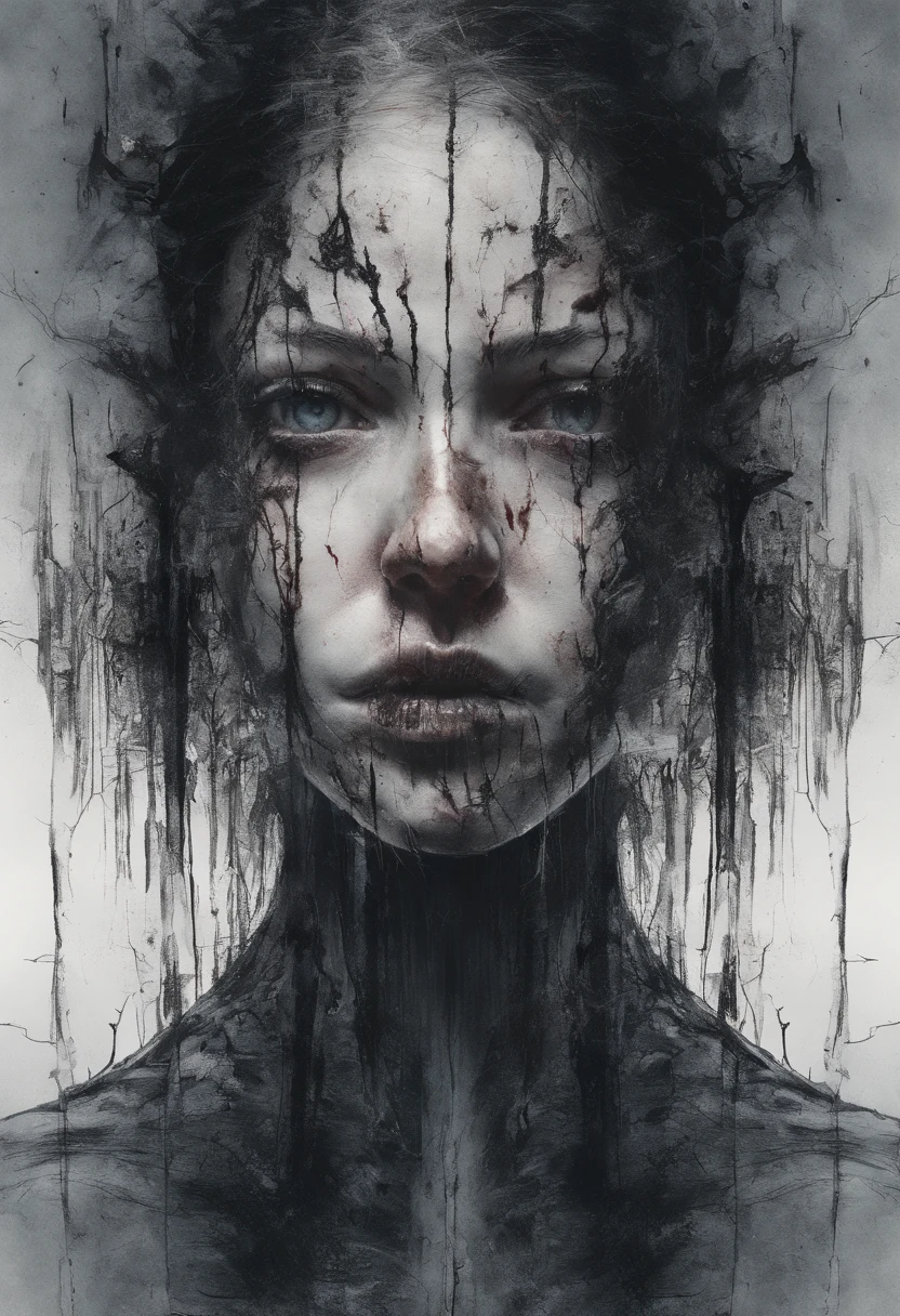 A perfect concentration, standing position, abstract beauty, centered, camera perspective, facing the camera, getting closer and closer to perfection, smiling, bleeding, dynamic, extremely detailed, smooth, sharp focus, 8K resolution, high resolution, illustration style, art: Carne Griffiths and Vadim Kachin, white background, decadent, diabolical.