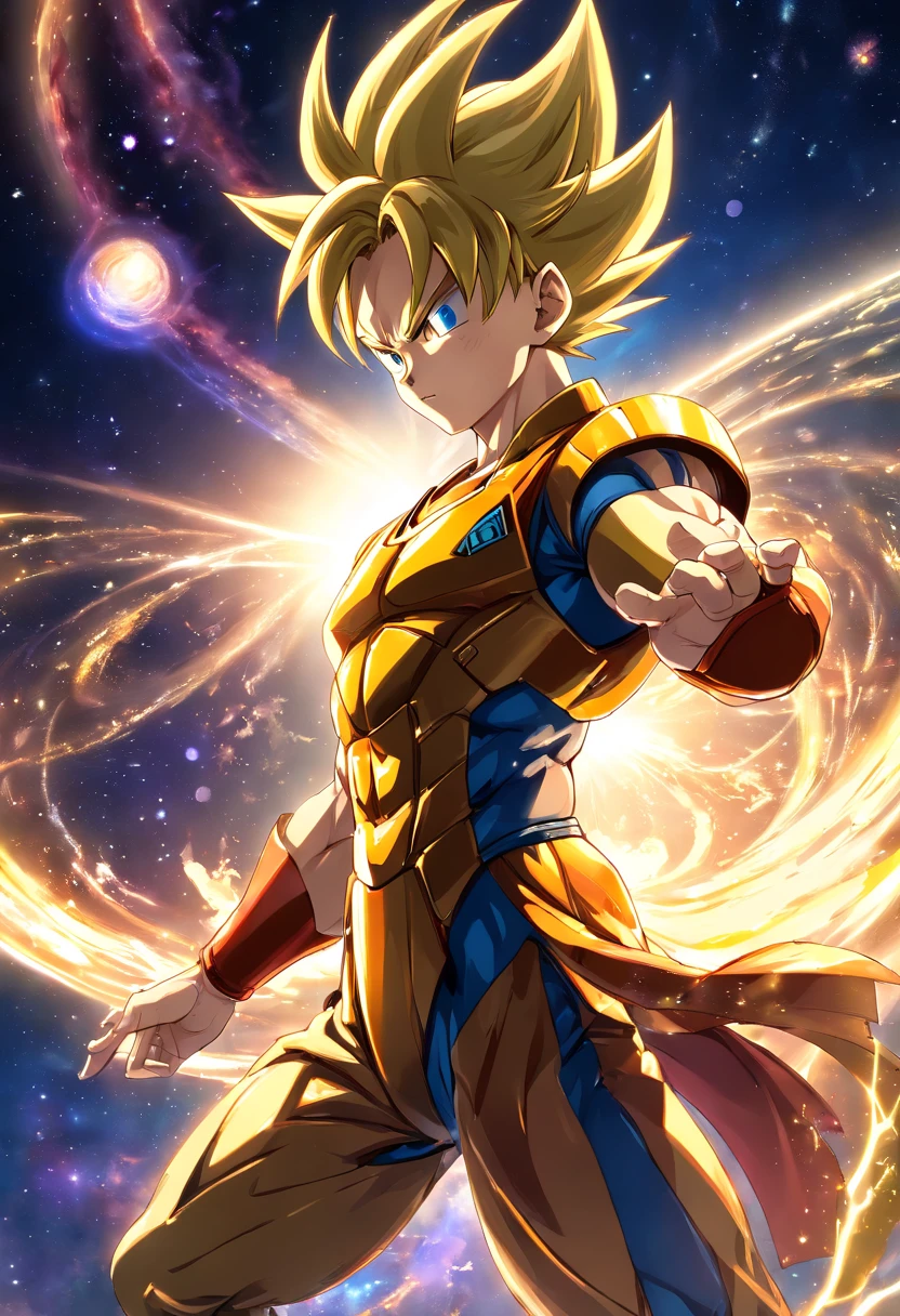 (melhor qualidade, Altas, Realistic:1.37), ultra-detalhado, Vegeta in Gold Armor of the Virgo Zodiac Sign, large muscles, Estilo Saint Seiya, estilo anime, corpo inteiro, olhos e rosto detalhados, long eyeslashes, aura azul e vermelha ao redor de Goku, background in space