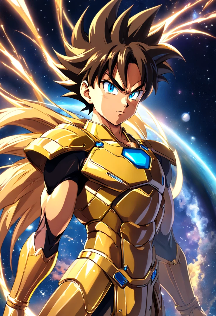 (melhor qualidade, Altas, Realistic:1.37), ultra-detalhado, Vegeta in Gold Armor of the Virgo Zodiac Sign, large muscles, Estilo Saint Seiya, estilo anime, corpo inteiro, olhos e rosto detalhados, long eyeslashes, aura azul e vermelha ao redor de Goku, background in space