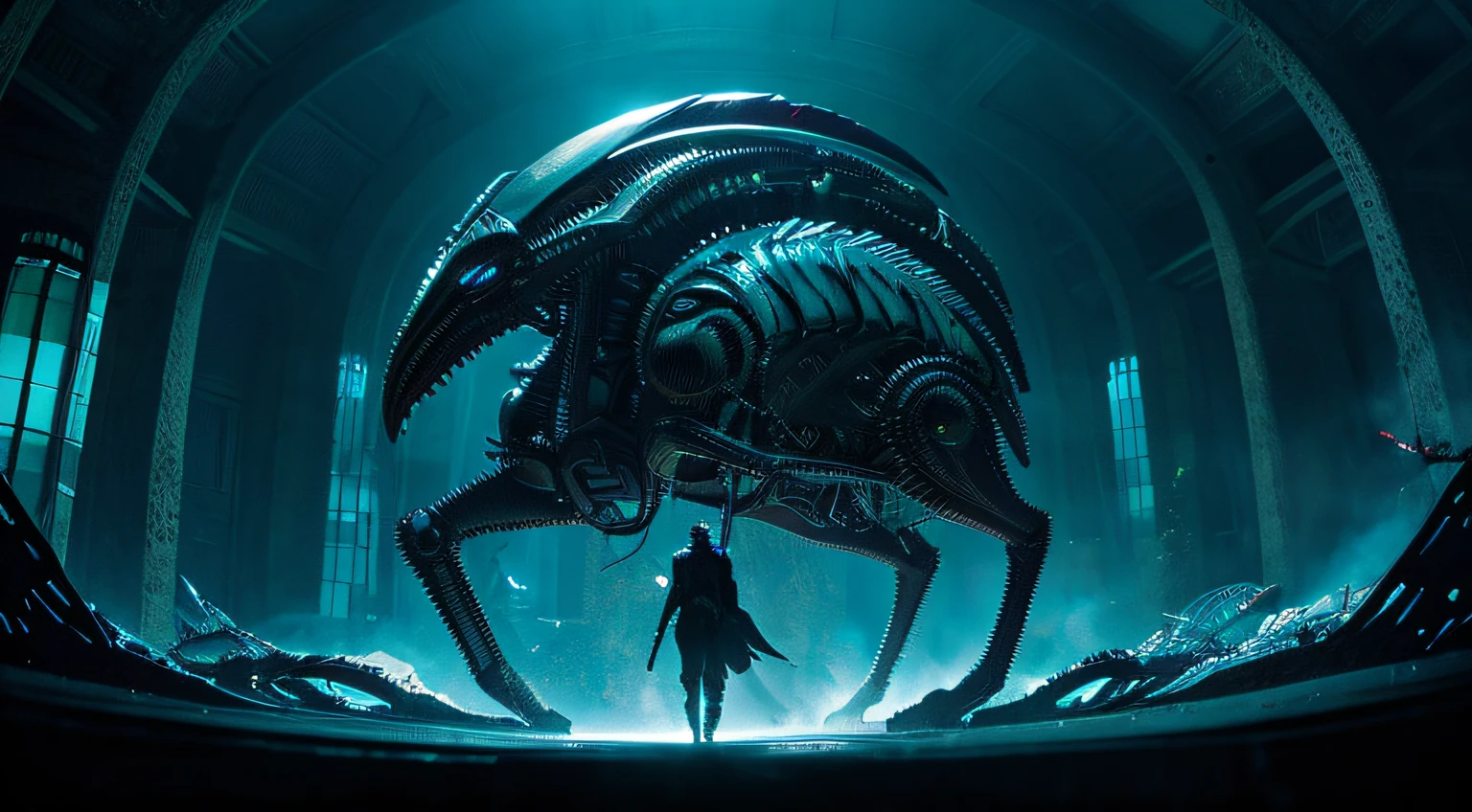 Envision a mesmerizing world of the "Phantom Beast Contractor" with a medium inspired by H.R. Giger's biomechanical nightmares. This digital artwork employs a meticulous, hyper-realistic approach, capturing every intricate detail of the enigmatic phantom beasts and their contractor. The camera choice is a cutting-edge, high-resolution drone camera, allowing for sweeping, cinematic angles. The lighting is reminiscent of Ridley Scott's "Alien," casting eerie, otherworldly illumination. The color palette features deep, abyssal blacks and iridescent, eerie blues and greens. The composition is dynamic, focusing on the contractor forming a mysterious connection with the ethereal beasts, with futuristic elements and eldritch symbols in the background.