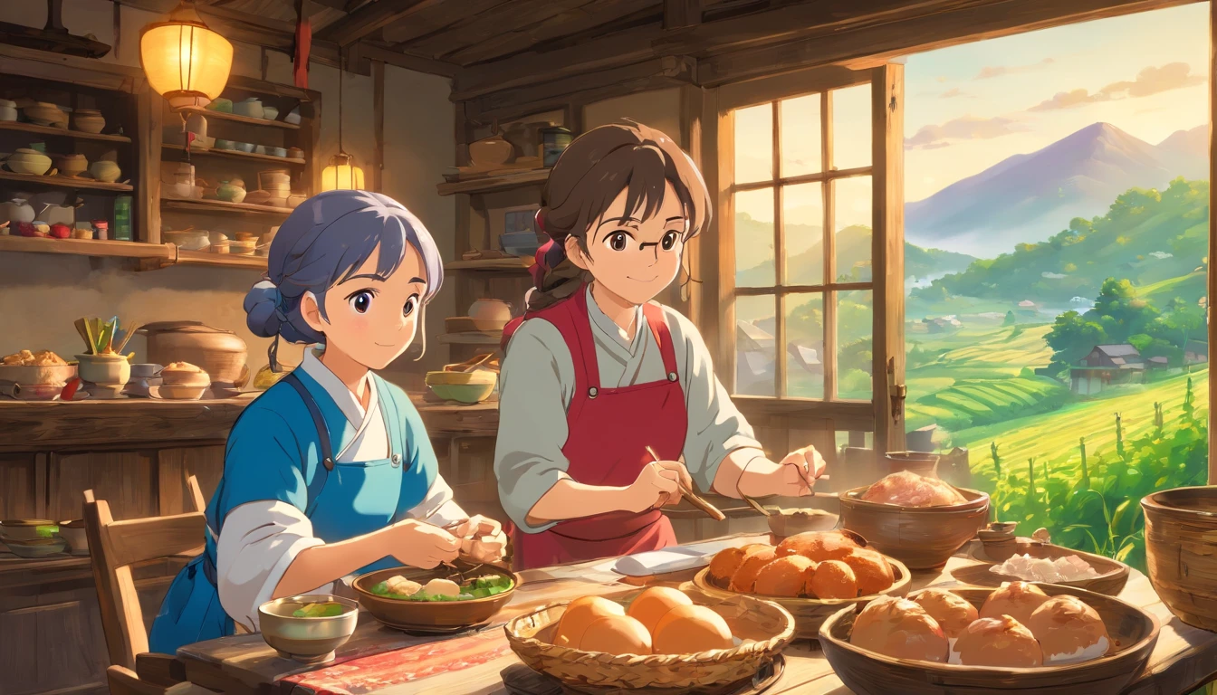 Rural atmosphere, Parents, Grandparents, Mom and Dad Round Table, breakfast, Abundant food, Zhuang people, Eggs, Colorful glutinous rice flour, rice dumpling, Chicken, Sunlight, Curtains, ssmile,  boy in blue clothes in the back,Take farm tools. Image quality: (Best quality, 4K, 8K, A high resolution, Masterpiece:1.2), Ultra-detailed, (Realistic, Photorealistic, photo-realistic:1.37), hdr, hyper HD, Studio lighting, Ultra-fine painting, Sharp focus, Physically-based rendering, Extreme detail description, professional, Vivid colors, Bokeh. Art style: 80shair, rural, Family, Recording, lifestyle, culture, Portrait, Realistic. Color Palette: Warm tones, Vibrant colors. lighting: soft, Natural light, illuminating the scene.